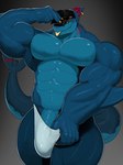 anthro big_penis blue_body clothed clothing genitals hat headgear headwear humanoid_genitalia humanoid_penis male muscular muscular_anthro muscular_male partially_clothed pecs penis penis_base solo thick_thighs tongue tongue_out underwear underwear_down vein veiny_penis yellow_eyes mymu666 xavier_(xamz) fish marine shark hi_res