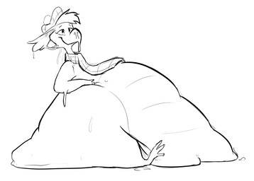 anthro belly big_belly clothing female hat headgear headwear huge_belly overweight scarf simple_background sitting solo thick_thighs white_background saphiros nessie_(disney) loch_ness_monster 2015 monochrome