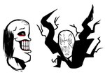 angry balding black_clothing black_hair black_necktie black_suit clothing duo faceless_character glistening glistening_head grin gums hair humor male necktie simple_background smile suit tentacles toothy_grin white_background yelling nanodude78 chad_(meme) creepypasta jeff_the_killer slenderman human humanoid mammal monster meme monochrome