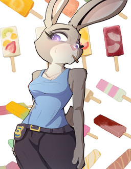 anthro belt bottomwear breasts clothed clothed_anthro clothed_female clothing dessert female female_anthro food fur grey_body grey_fur multicolored_body multicolored_fur pants police_badge popsicle popsicle_in_mouth popsicle_stick purple_eyes shirt sleeveless_shirt solo stick text topwear two_tone_body two_tone_fur doylecoati disney zootopia judy_hopps european_rabbit lagomorph leporid mammal oryctolagus rabbit 2025 absurd_res digital_media_(artwork) english_text hi_res