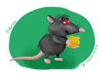 anthro biped black_body black_fur cheese dairy_products food fur pink_nose simple_background slightly_chubby smile solo ixentrick mammal murid murine rat rodent 2024