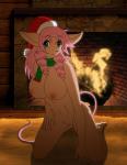 anthro big_breasts blue_eyes breasts cabin christmas_clothing christmas_headwear clothing female fireplace fur genitals hair hat headgear headwear holidays humanoid_hands looking_at_viewer nipples pink_hair pussy santa_hat scarf solo yellow_body yellow_fur desingahv christmas konami rocket_knight_adventures princess_sherry mammal mouse murid murine rodent