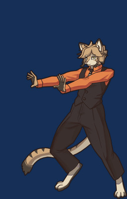 5_fingers anthro clothed clothed_anthro clothing dancing feet fingers green_eyes hair looking_at_viewer male markings necktie orange_clothing orange_shirt orange_topwear shirt short_hair simple_background solo standing striped_markings striped_tail stripes suit tail tail_markings tail_motion toes topwear transparent_background thekeepofcat spooky_month mauser_(thekeepofcat) black-footed_cat felid feline felis mammal absurd_res alpha_channel animated hi_res