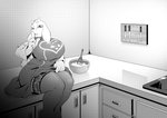 anthro big_breasts breasts clothed clothing clothing_lift curvy_figure detailed_background dress dress_lift female half-closed_eyes huge_breasts inside kitchen kitchen_utensils knife legwear mature_anthro mature_female mixing_bowl narrowed_eyes on_counter shush sitting solo text thick_thighs thigh_highs tools voluptuous wide_hips hidoihito undertale undertale_(series) toriel boss_monster_(undertale) bovid caprine mammal absurd_res english_text greyscale hi_res monochrome