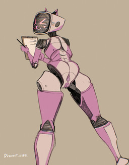anthro anus biped black_body butt clipboard electronics female for_a_head genitals holding_clipboard holding_object machine monitor pink_anus pink_body pink_vulva solo vulva white_body discreet_user voices_of_the_void kerfur_omega_(votv) felid mammal robot robot_anthro 2024 digital_media_(artwork) hi_res