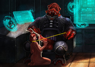 3_fingers balls big_balls big_penis bodily_fluids breasts clothing collar cum cum_in_mouth cum_inside cum_on_body cum_on_breasts cum_on_face cumshot dominant dominant_male dripping duo ejaculation erection fangs female fingers genital_fluids genitals hair hologram interspecies kneeling larger_dom larger_male leash leash_pull male male/female nude open_mouth orgasm penis red_balls red_body red_hair red_skin saliva size_difference slave smaller_female submissive submissive_female sweat teeth vein ecoas bioware electronic_arts mass_effect commander_shepard shadow_broker alien human mammal yahg digital_media_(artwork)
