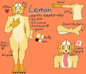 anthro color_swatch digitigrade featureless_crotch fin fluffy fur gills horn long_tongue male open_mouth orange_body orange_fur shark_tail solo tail text tongue tongue_out tuft yellow_body yellow_fur goobrr lemon_(goobrr) aquatic_kobold kobold scalie absurd_res english_text hi_res model_sheet