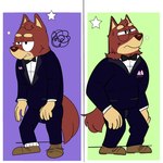 annoyed anthro black_bottomwear black_bow_tie black_clothing black_eyes black_pants black_suit black_topwear bodily_fluids bottomwear bow_tie brown_clothing brown_footwear brown_nose brown_shoes clothed clothing footwear fur hair half-closed_eyes male multicolored_clothing multicolored_suit multicolored_topwear narrowed_eyes orange_body orange_fur pants red_body red_ears red_fur red_hair red_tail shirt shoes solo standing star suit sweat tail topwear two_tone_clothing two_tone_suit two_tone_topwear uncomfortable white_clothing white_shirt white_topwear beargarbage bluey_(series) rusty's_dad_(bluey) australian_kelpie canid canine canis domestic_dog herding_dog mammal pastoral_dog sheepdog 1:1 2023 digital_media_(artwork) hi_res