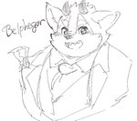 anthro blush eyebrows horn male necktie sharp_teeth smile solo teeth text thick_eyebrows exe_exem lifewonders tokyo_afterschool_summoners belphegor_(tas) canid canine canis demon mammal wolf english_text half-length_portrait portrait sketch