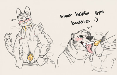 anthro ball_lick balls blue_eyes blush blush_lines bodily_fluids body_hair bottle bottomwear bottomwear_down bottomwear_pull chastity_cage chastity_device clock clothed clothing clothing_pull collar container duo ear_piercing ear_ring ear_stud genital_fluids genitals gold_(metal) gold_chastity_cage gold_chastity_device happy_trail leaking_precum licking looking_up_at_partner male male/male metal_chastity_cage multi_arm multi_limb musky_balls musky_penis navel nipples open_mouth oral partially_clothed piercing pink_nipples pink_tongue precum ring_piercing sex sharp_teeth shirt shorts shorts_down shorts_pull spiked_collar spikes tank_top teeth text tongue tongue_out topwear towel watch water_bottle wearing_chastity_cage wearing_chastity_device wearing_collar vannthunder vann_thunder_(character) gulonine mammal mustelid musteline wolverine 2025 english_description english_text hi_res sketch trans_(lore) trans_man_(lore)