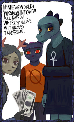 ankh anthro black_body black_clothing black_dress black_fur black_nose bottomwear brown_eyes clothing dress eyelashes female fur green_body green_scales grey_body grey_clothing grey_eyes grey_fur grey_hair grey_shirt grey_t-shirt grey_topwear group hair horn looking_at_viewer looking_confused manicure money orange_clothing pants red_eyes red_nose scales shirt simple_background t-shirt text topwear trio white_background sipoocha deltarune night_in_the_woods undertale_(series) bea_santello dess_holiday mae_borowski deer felid feline mammal scalie absurd_res english_text hi_res