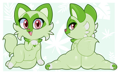 big_butt breasts butt cute_fangs fangs feet female feral fur glistening glistening_body glistening_butt green_body green_fur huge_butt looking_at_viewer looking_back looking_back_at_viewer navel nude open_mouth outline pupils rear_view simple_background solo tail teeth acstlu nintendo pokemon felid feline generation_9_pokemon mammal pokemon_(species) sprigatito 2022 digital_media_(artwork) hi_res