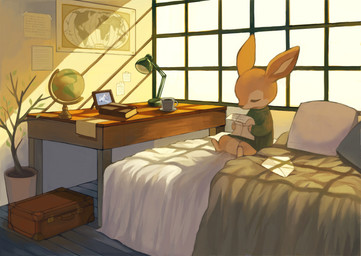ambiguous_gender anthro bed bedroom beverage biped book briefcase container cup desk detailed_background eyes_closed furniture globe inside on_bed paper plant plant_pot potted_plant sitting solo table text window young young_anthro mayumochi deer mammal 2019 absurd_res hi_res japanese_text translation_request