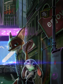 anthro city detailed_background duo female fur lights male night street urban actworks1970 disney zootopia judy_hopps nick_wilde canid canine fox lagomorph leporid mammal rabbit 2017 absurd_res hi_res