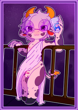 anthro border casual_exposure clothing clothing_aside costume drinking foreskin genitals halloween_costume holidays male penis purple_border shota solo toga young young_anthro young_male littlecowgomoo halloween littlemoo_(character) bovid bovine cattle mammal absurd_res hi_res