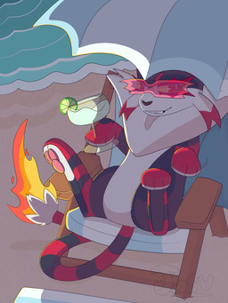 alcohol beach beach_chair beach_towel beach_umbrella beverage chair eyewear female fire flaming_tail furniture grin grinning_at_viewer looking_at_viewer night on_chair parasol pawpads sea sitting sitting_on_chair smile smiling_at_viewer solo sunglasses tail towel water jasucharm nintendo pokemon saoirse_(jasucharm) generation_7_pokemon litten pokemon_(species) 3:4 absurd_res colored digital_drawing_(artwork) digital_media_(artwork) hi_res line_art shaded