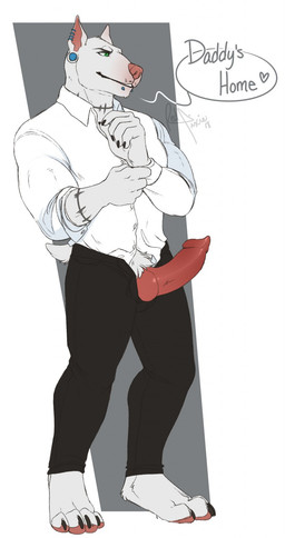 animal_genitalia animal_penis anthro canine_genitalia canine_penis clothed clothing daddy_kink dialogue ear_piercing erection genitals heart_symbol knot male muscular muscular_anthro muscular_male penis piercing solo speech_bubble standing text unzipped zipper redpixie ares_(frankendoggo) bull_terrier canid canine canis domestic_dog hunting_dog mammal terrier 2018 english_text hi_res