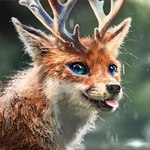 ambiguous_gender antlers black_nose blep blue_eyes blurred_background feral fur horn inner_ear_fluff markings orange_body orange_fur solo spots spotted_body spotted_fur tongue tongue_out tuft whiskers white_body white_fur white_spots flutti canid canine deer fox hybrid mammal 1:1 absurd_res artist_name digital_media_(artwork) digital_painting_(artwork) hi_res