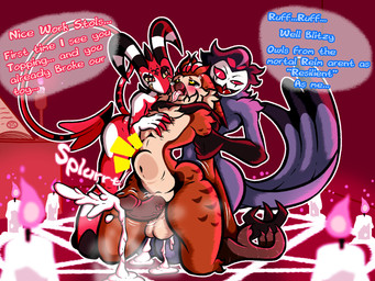 abdominal_bulge ahegao altar anal anal_penetration anthro balls beak black_sclera blush bodily_fluids book candle countershade_face countershade_torso countershading cum cum_inside dialogue dominant dominant_male domination/submission ejaculation erection evil_face evil_grin eye_roll feet from_behind_position genital_fluids genitals glans group holding_head horn humanoid_genitalia humanoid_penis humiliation looking_pleasured male male/male messy musk musky_balls musky_penis nude nude_anthro nude_male occult_symbol onomatopoeia open_beak open_mouth penetration penile penile_penetration penis penis_in_ass pentagram red_sclera rough_sex scratching sex shaking smile sound_effects speech_bubble summoning summoning_circle sweat sweatdrop symbol talons tears tears_of_pleasure text thick_thighs toes tongue tongue_out trembling trio vein veiny_penis winged_arms wings yellow_eyes lucardo_cruz hellaverse helluva_boss blitzo_(helluva_boss) lunard_hooter stolas_(helluva_boss) avian bird demon humanoid imp owl owl_demon summon 4:3 hi_res