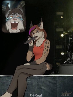 anthro black_spots blue_eyes bodily_fluids brown_hair crying electronics female fur grey_body grey_fur grey_hair hair looking_at_viewer male microphone open_mouth orange_eyes paws photo_background sitting solo spots tears teeth text xleb0rezka bereal fan_screaming_at_madison_beer_performance annet_(xleb0rezka) rocky_(xleb0rezka) felid feline lynx mammal 2024 3:4 digital_drawing_(artwork) digital_media_(artwork) english_text hi_res meme photography_(artwork) watermark