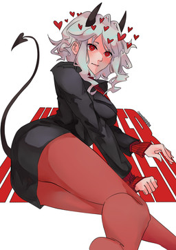bottomwear breasts business_suit butt clothing female hair heart_eyes heart_symbol horn not_furry pencil_skirt red_eyes skirt smile solo spade_tail suit tail white_hair vermilli000n helltaker modeus_(helltaker) demon demon_humanoid humanoid 2020 absurd_res hi_res