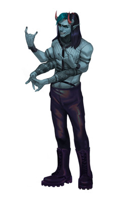 4_arms black_boots black_bottomwear black_clothing black_footwear black_hair black_pants blue_body blue_eyes blue_hair boots bottomwear clothed clothing devil_horns_(gesture) fishnet_clothing fishnet_topwear footwear gesture hair hand_gesture heterochromia long_hair looking_at_viewer male male_humanoid multi_arm multi_limb open_mouth open_smile pants shoes smile solo standing topwear yellow_eyes edvardiko humanoid absurd_res full-length_portrait hi_res portrait