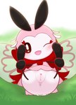 anus blush female genitals grass_field legs_up lying on_back one_eye_closed pussy solo spread_legs spreading stick_arms stick_calves stick_legs stick_limbs stick_thighs thin_calves thin_legs thin_thighs wink kajiura nintendo pokemon arthropod generation_7_pokemon pokemon_(species) ribombee shiny_pokemon absurd_res hi_res