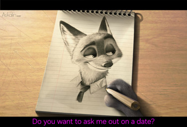 anthro caption desk dialogue drawing_(action) drawing_(object) duo female furniture logo male male/female notebook pencil_(object) table text askalin disney zootopia judy_hopps nick_wilde canid canine european_rabbit fox lagomorph leporid mammal oryctolagus rabbit red_fox true_fox artist_logo artist_name digital_media_(artwork) hi_res sketch watermark