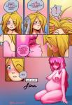 2017 adventure_time ambiguous_gender big_breasts blonde_hair blue_eyes blush bodily_fluids breasts candy candy_humanoid candy_people_(at) cartoon_network clothing comic dessert duo english_text female finn_the_human food food_creature food_hair food_humanoid hair hi_res human humanoid kissing lactating living_candy long_hair male mammal not_furry open_mouth pink_eyes pink_hair pregnant princess_bubblegum pseudo_hair text tongue tongue_out zillionaire