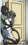 anthro black_body black_fur blush door duo female fur grey_body grey_fur grey_hair hair hug kissing male male/female yellow_eyes ziegelzeig bad_guy_cafe cathleen_velvetpaw shevron felid mammal pantherine 2023 hi_res