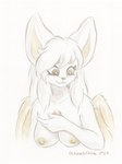 anthro bangs big_breasts big_ears breasts chest_gem female gem gold_nipples hair looking_down nude pupils slit_pupils smile solo white_body white_hair wings yellow_eyes conditional_dnp octavetothink domestic_cat felid feline felis mammal 2024 absurd_res bust_portrait colored_pencil_(artwork) hi_res monochrome portrait traditional_media_(artwork)