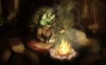 brown_body brown_fur campfire clothing cooking cookout fire food fur green_eyes headdress male meat night robe simple_background smoke solo acru_jovian canid canine canis mammal wolf 16:10 digital_media_(artwork) high_contrast