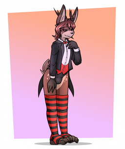 anthro antlers bow_tie bulge clothed clothing feet fingers fur hair half-closed_eyes horn legwear male narrowed_eyes simple_background smile solo standing stirrup_legwear stirrup_stockings stockings suit tail toes topwear underwear ryofox630 jackalope lagomorph leporid mammal digital_media_(artwork) hi_res