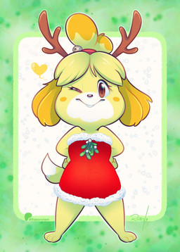 anthro antlers barefoot blonde_hair brown_eyes clothing feet female front_view hair heart_symbol holidays horn mistletoe one_eye_closed plant red_clothing simple_background smile solo standing tail vaporotem animal_crossing christmas nintendo isabelle_(animal_crossing) canid canine canis domestic_dog mammal 2024 digital_media_(artwork) hi_res