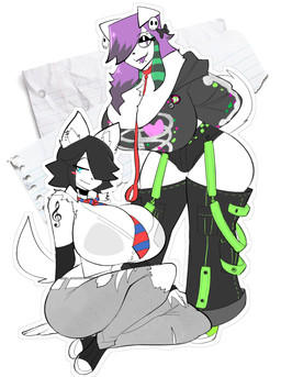 accessory anthro arm_tattoo bare_shoulders bent_over_with_legs_held_straight big_breasts biped black_hair blep blue_eyes blush blush_stickers bottomwear bra bra_peek breasts bulge cleavage clothed clothed_anthro clothed_female clothed_gynomorph clothing collar duo female footwear fur g_clef green_hair grey_bottomwear grey_clothing grey_pants gynomorph hair huge_breasts inner_ear_fluff intersex leash leashed_collar musical_clef musical_symbol necktie one_eye_obstructed pants pin_accessory purple_hair shoes sitting skeleton_clothing skull_accessory smile sneakers symbol tail tattoo tongue tongue_out torn_bottomwear torn_clothing torn_pants translucent translucent_clothing translucent_topwear tuft underwear white_body white_fur wide_hipped_anthro wide_hipped_female wide_hipped_gynomorph wide_hips theycallhimcake invader_zim nickelodeon gir_(invader_zim) kyler_(theycallhimcake) maggie_applebee canid canine canis domestic_dog mallkin mammal 2026 digital_drawing_(artwork) digital_media_(artwork) english_description full-length_portrait hi_res portrait busty_boy_(lore)