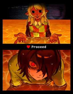 5_fingers anthro blonde_hair bottomwear brown_hair clothing duo female fingers hair hand_holding heart_symbol horn lake long_hair looking_at_another male male/female pants red_eyes skirt sunset sweater tail text topwear tsusealyangel chainsaw_man deltarune i'll_teach_you_everything_(chainsaw_man) undertale_(series) kris_dreemurr noelle_holiday deer human mammal 2026 colored detailed english_text hi_res shaded watermark