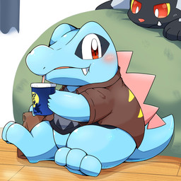 ambiguous_gender back_plates back_spikes bean_bag beverage black_body black_scales blue_body blue_scales blush bottomless clothed clothing container cup curtains drinking duo fangs feral grey_body grey_scales inside paper_bag partially_clothed scales sitting spikes spikes_(anatomy) teeth tatu_wani nintendo pokemon canid canine crocodilian generation_2_pokemon generation_3_pokemon mammal pokemon_(species) poochyena reptile scalie totodile 1:1 hi_res