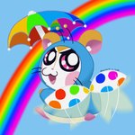 anthro clothed clothing coat eyebrows flying fur looking_at_viewer male orange_body orange_fur pink_eyes rainbow raincoat shell simple_background solo topwear umbrella white_body white_fur wings lunarpanda8686 hamtaro_(series) prince_bo_(hamtaro) cricetid hamster mammal rodent 1:1 digital_media_(artwork)