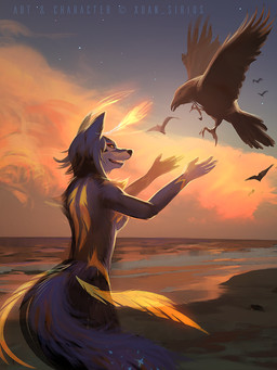 anthro biped blue_body blue_fur breasts brown_body brown_feathers cloud duo feathered_wings feathers feet female feral fur nude outside sky standing star starry_sky sunset talons toes wings yellow_body yellow_feathers xuan_sirius xuan_(xuan_sirius) avian bird canid canine canis mammal wolf 3:4