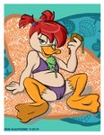 anthro bedroom_eyes border camel_toe clothed clothing dessert female food ice_cream looking_at_viewer melting narrowed_eyes seductive solo spread_legs spreading swimwear text white_border young young_anthro sean_blackthorne darkwing_duck disney ducktales gosalyn_mallard anatid anseriform avian bird duck 2013 english_text