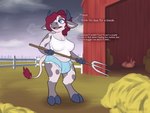 ambiguous_gender anthro barn belly big_breasts biped blue_eyes bodily_fluids bottomwear breasts breath bulge cleavage clothed clothing cloven_hooves detailed_bulge dialogue duo exclamation_point farm farmer female female_focus fence feral fur genital_outline grass grey_body grey_fur gynomorph hair hay hay_bale holding_object hooves horn intersex navel open_mouth outside penis_outline pitchfork plant quadruped red_hair shorts slightly_chubby solo_focus standing sweat tail tail_tuft tools toony torn_bottomwear torn_clothing torn_shorts tuft creature_sp pigdog_(creature_sp) bovid bovine canid canine cattle domestic_pig hybrid mammal suid suine sus_(pig) hi_res