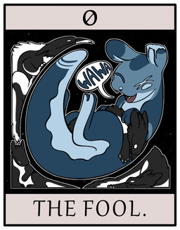 black_body card feral fingers group major_arcana male paws scar space tail tarot tarot_card teeth the_fool_(tarot) sekera rain_world videocult felid lizard mammal reptile scalie slugcat absurd_res hi_res