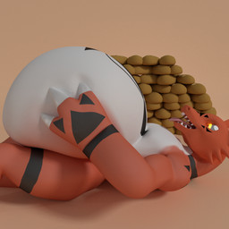 belly black_body black_markings black_scales bread food glowing glowing_eyes lying male markings multicolored_body multicolored_scales nude on_back open_mouth red_body red_scales scales sharp_teeth simple_background solo stuffing tan_background teeth tongue tongue_out white_body white_scales yellow_eyes digitalfurbelow bandai_namco digimon digimon_(species) guilmon scalie 1:1 2015 3d_(artwork) digital_media_(artwork)