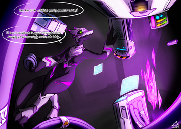 anthro armor bioluminescence black_body computer crystal electronics female glowing green_eyes horn long_tail machine solo speech_bubble tail text wire conditional_dnp lodi_(artist) mythology android dragon mythological_creature mythological_scalie robot scalie solari_(species) hi_res