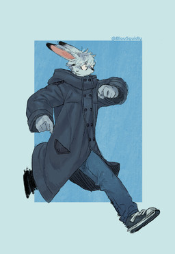 anthro biped clothed clothing dipstick_ears ear_markings eyewear fingers glasses male multicolored_ears solo blousquidly squid_(blousquidly) hare lagomorph leporid mammal absurd_res hi_res
