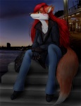 anthro biped clothing eyebrows female footwear fur hair outside pier seaside shoes sitting sky solo tail vani-fox vani-fox_(character) canid canine fox mammal