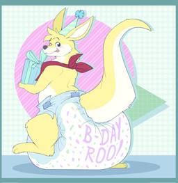 3_toes ambiguous_gender anthro big_diaper birthday_gift blue_border blue_bow blue_clothing blue_hat blue_headwear blush blush_lines border clean_diaper clothed clothing diaper dotted_background feet fur geometric_background gift grey_nose hat head_tuft headgear headwear holding_gift holding_object kerchief looking_at_viewer looking_back looking_back_at_viewer multicolored_body multicolored_fur neckerchief neckwear party_hat pattern_background pattern_clothing pattern_hat pattern_headgear pattern_headwear red_kerchief red_neckerchief simple_background smile solo striped_clothing striped_hat striped_headgear striped_headwear stripes tail text text_on_diaper toes tongue tongue_out tuft two_tone_body two_tone_fur wearing_diaper white_body white_fur white_inner_ear white_tail yellow_body yellow_fur yellow_tail bubblepuppers fang29_(character) canid canine canis domestic_dog hybrid kangaroo macropod mammal marsupial english_text hi_res