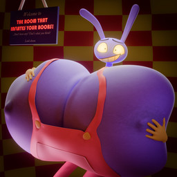 anthro big_breasts black_eyebrows black_eyes breast_expansion breast_grab breast_squish breasts clothing expansion eyebrows female gloves glowing glowing_eyes hand_on_breast hand_on_own_breast handwear holding_breast huge_breasts hyper hyper_breasts looking_at_viewer nipples overalls purple_body purple_ears purple_nipples red_clothing red_overalls sign smile smiling_at_viewer solo squish teeth text three-quarter_view tight_clothing yellow_clothing yellow_gloves yellow_handwear yellow_sclera yellow_teeth notsobretheren glitch_productions the_amazing_digital_circus jax_(tadc) lagomorph leporid mammal rabbit 2026 3d_(artwork) colored digital_media_(artwork) english_text hi_res portrait shaded three-quarter_portrait male_(lore)