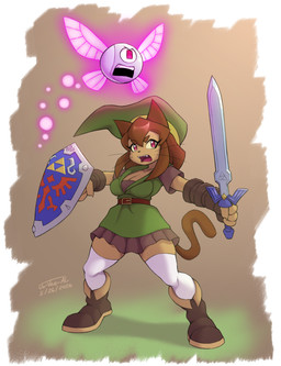 4_fingers anthro belt belt_buckle boots breasts brown_body brown_hair buckle clothing cosplay duo eyebrows eyelashes fangs female fingers footwear hair hat headgear headwear machine magenta_eyes male master_sword melee_weapon open_mouth open_smile shield shoes smile sword teeth weapon whiskers jo-vee-al gameoverse glitch_productions nintendo the_legend_of_zelda kaboodle_(gameoverse) kit_bodega link domestic_cat felid feline felis mammal robot 2026 hi_res