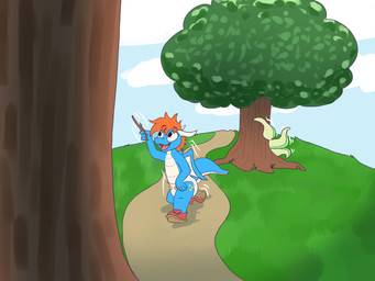 anthro clothed clothing diaper grass male outside plant solo tentacles tree wearing_diaper young scuzzyfox mythology bluescales dragon mythological_creature mythological_scalie scalie 4:3 absurd_res hi_res